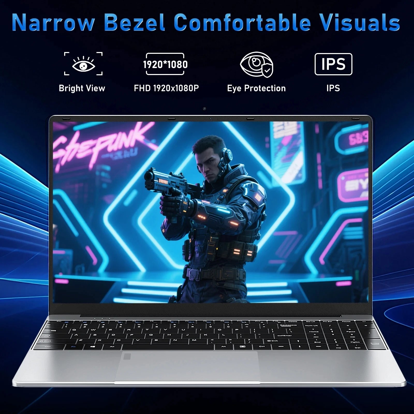 Sleek silver 15.6-inch laptop with a narrow bezel, FHD IPS display, and black keyboard against a blue neon background.