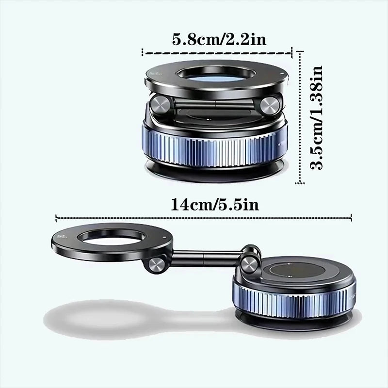 Black, foldable metal phone ring holder with a ribbed, blue-tinted metallic base and dimensions labeled.