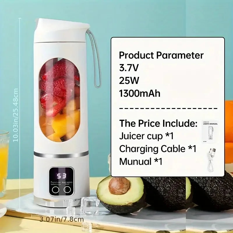 Portable white electric juicer blender with a digital display, transparent fruit chamber, and included accessories.