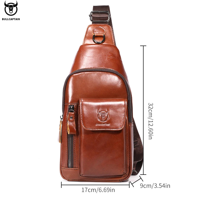 Tan leather men's crossbody sling bag with a secure zip front pocket, adjustable strap, and compact travel design.
