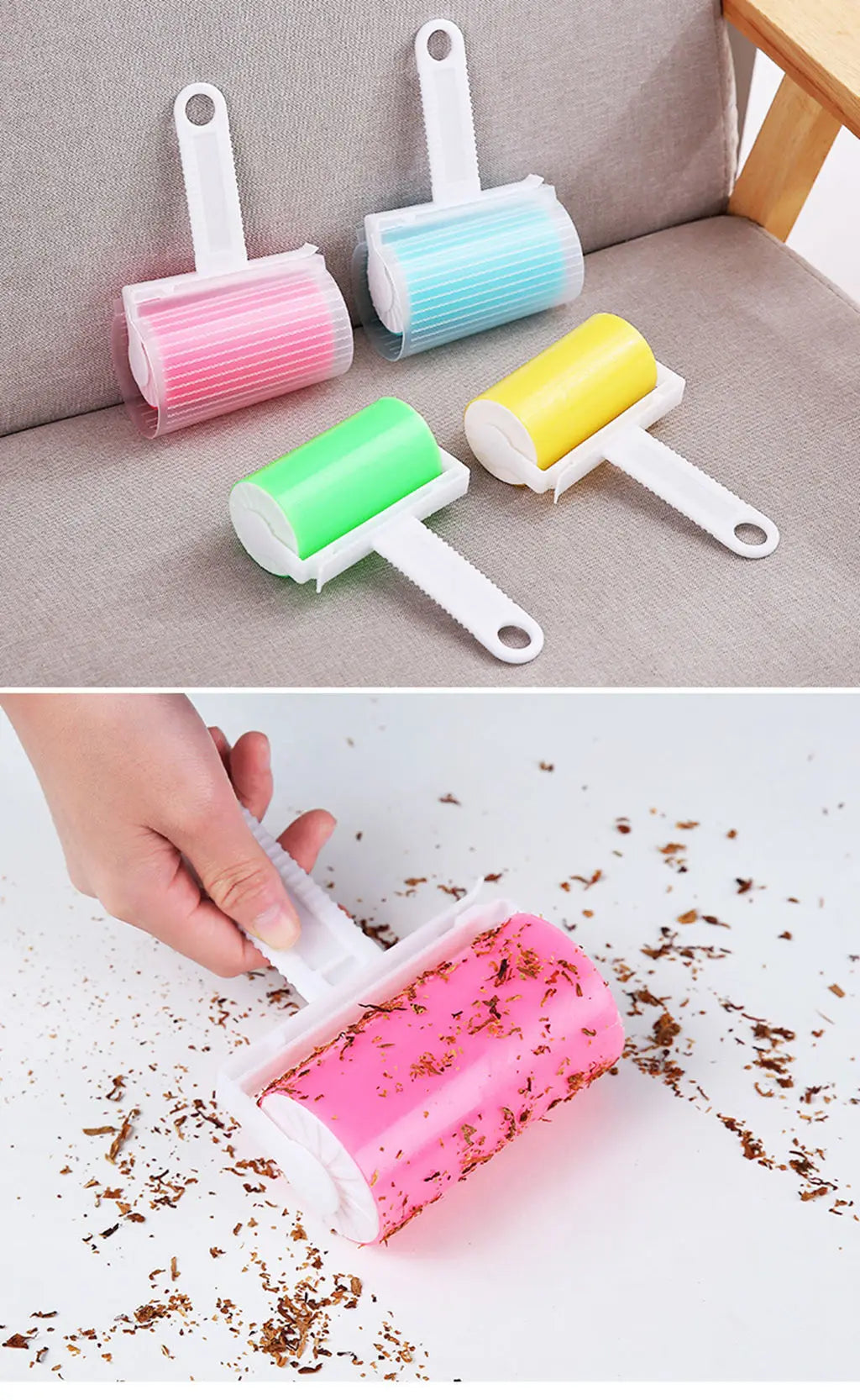 Four reusable, colourful silicone lint rollers with white handles, shown on furniture and picking up debris.