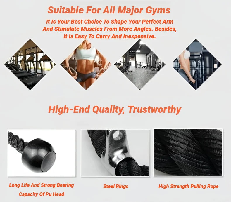Black double-head tricep rope attachment featuring durable braided cord, solid end caps, and a heavy-duty steel ring.