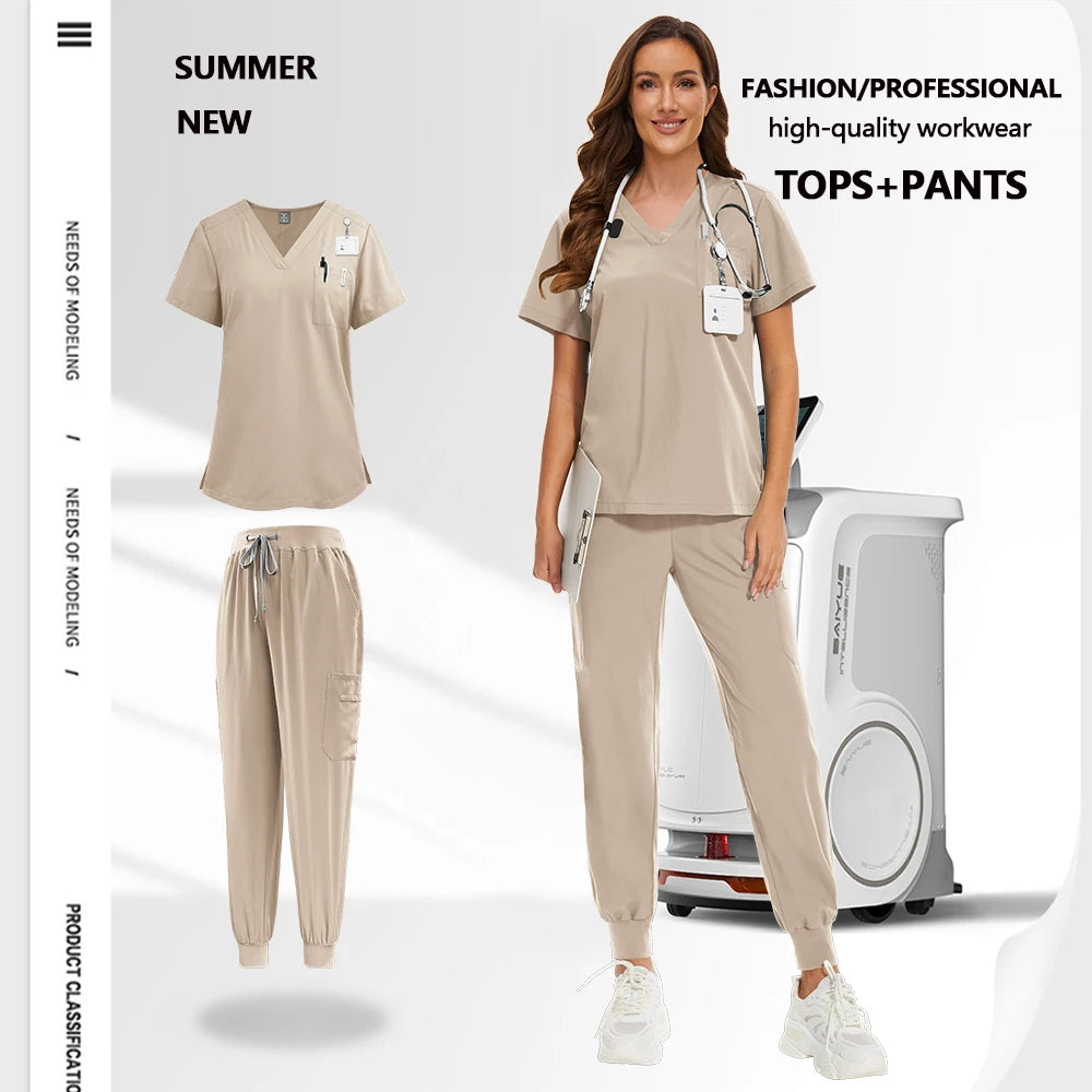 Beige unisex medical scrub set featuring a V-neck top with chest pocket and joggers with utility pockets.
