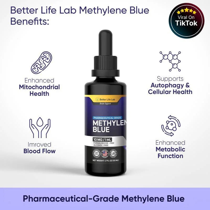 Black glass dropper bottle of pharmaceutical-grade Methylene Blue with labels highlighting cellular health benefits.