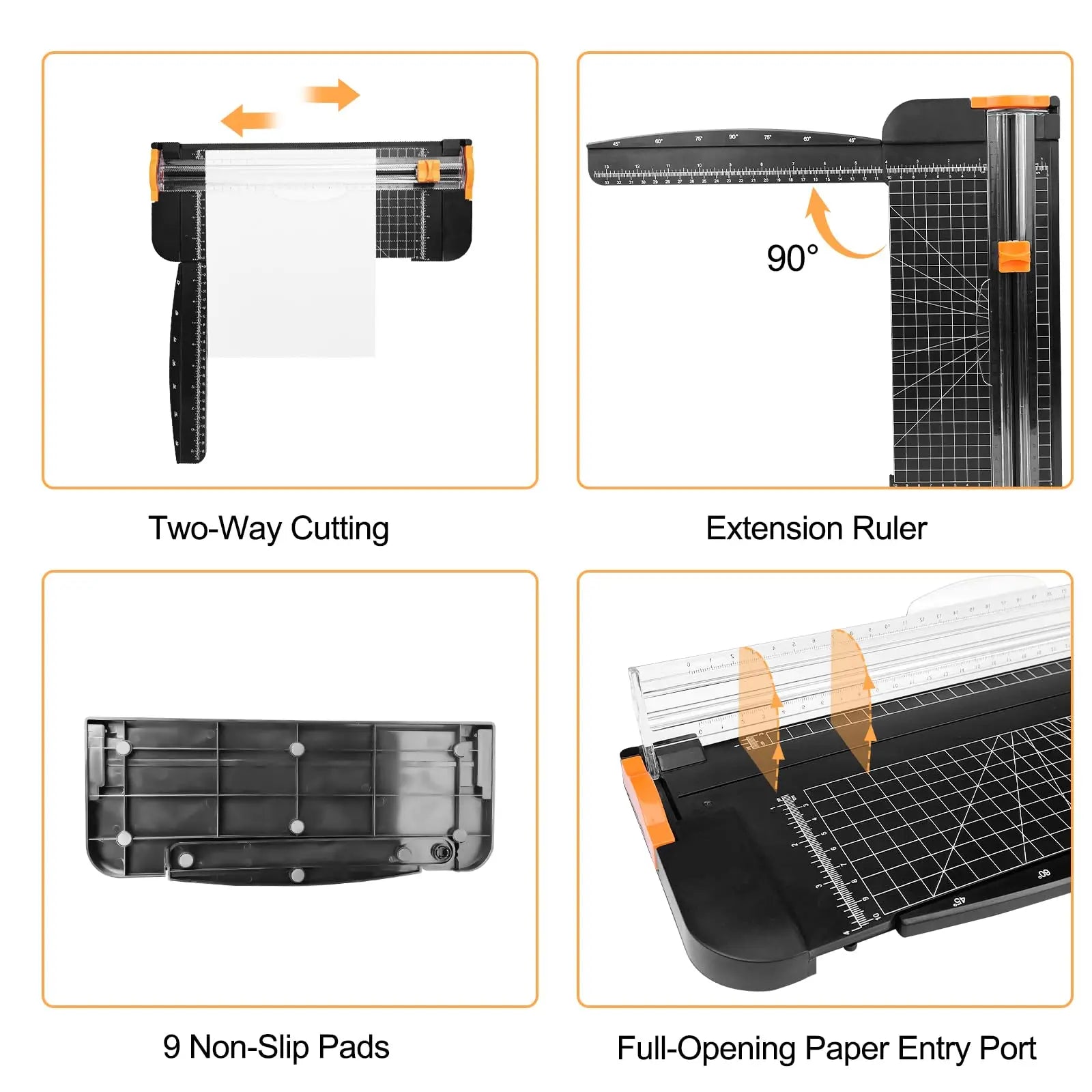 Black paper trimmer with two-way cutting, extendable 90-degree ruler, 9 non-slip pads, and full-opening entry port.