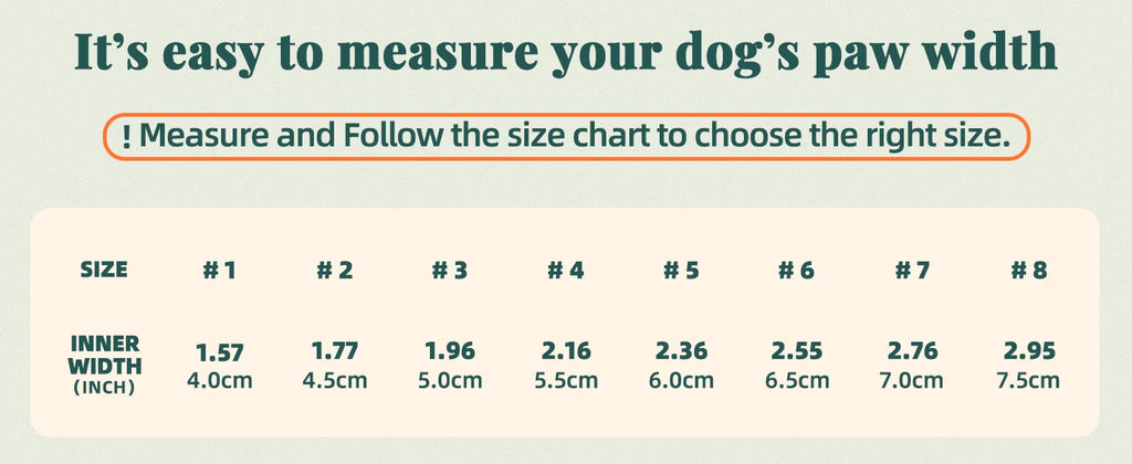 Size chart for breathable, non-slip dog boots with rugged soles, listing sizes 1 to 8 with corresponding paw widths.