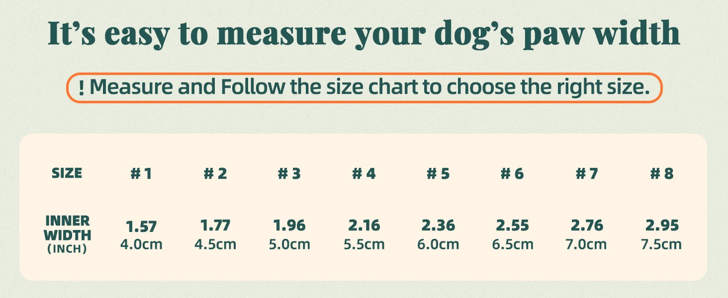 Size chart for breathable, non-slip dog boots with rugged soles, listing sizes 1 to 8 with corresponding paw widths.