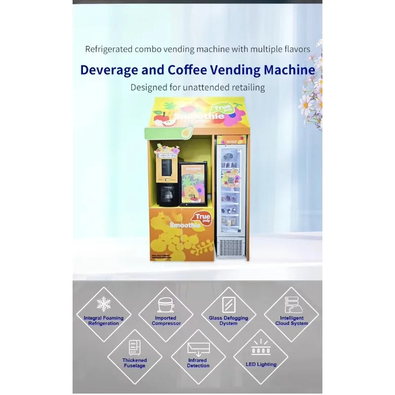 Yellow commercial slush and smoothie vending machine with touchscreen dispenser and glass refrigerator door.