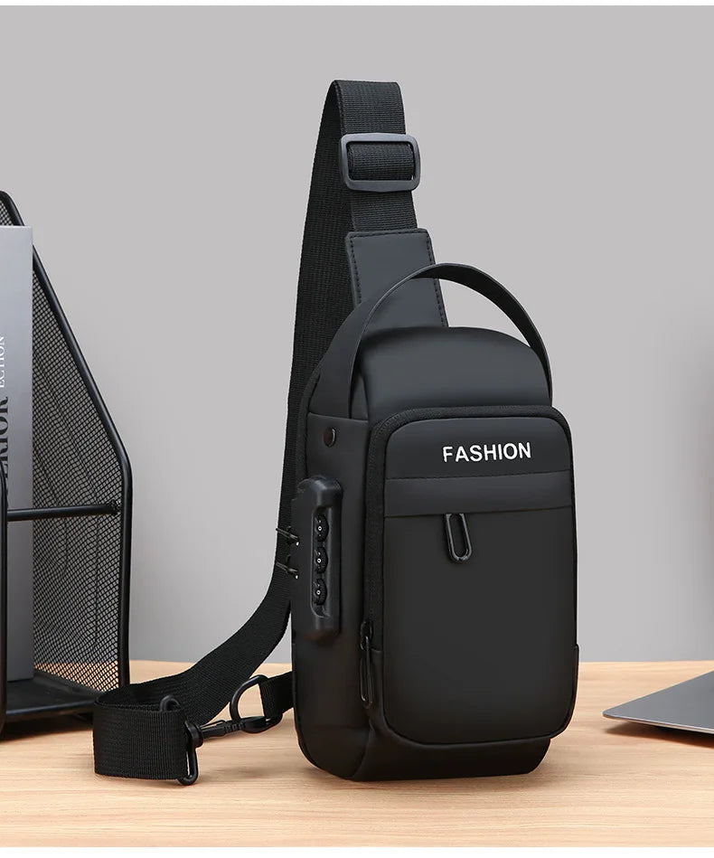 Black anti-theft crossbody sling bag with a combination lock, top handle, adjustable strap and USB charging port.