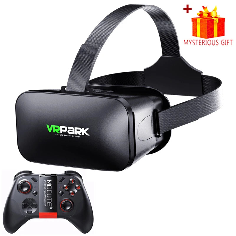 Black virtual reality headset with an adjustable head strap and a matching black wireless gaming controller.