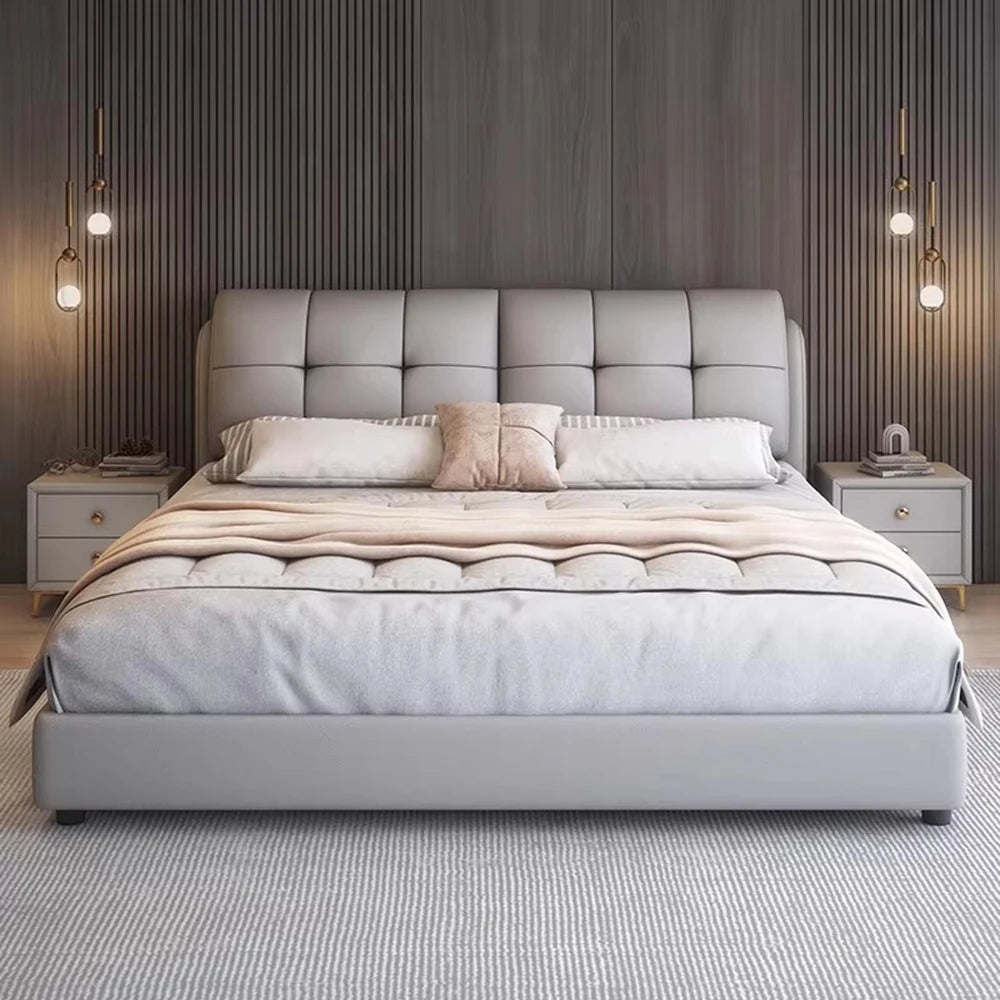 Minimalist grey upholstered queen bed frame with a tufted, rectangular panelled headboard.