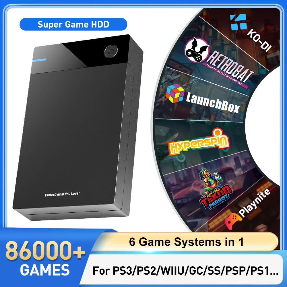 Black 12TB gaming hard drive rectangular enclosure with a power button, blue indicator light, and game logos on the right.