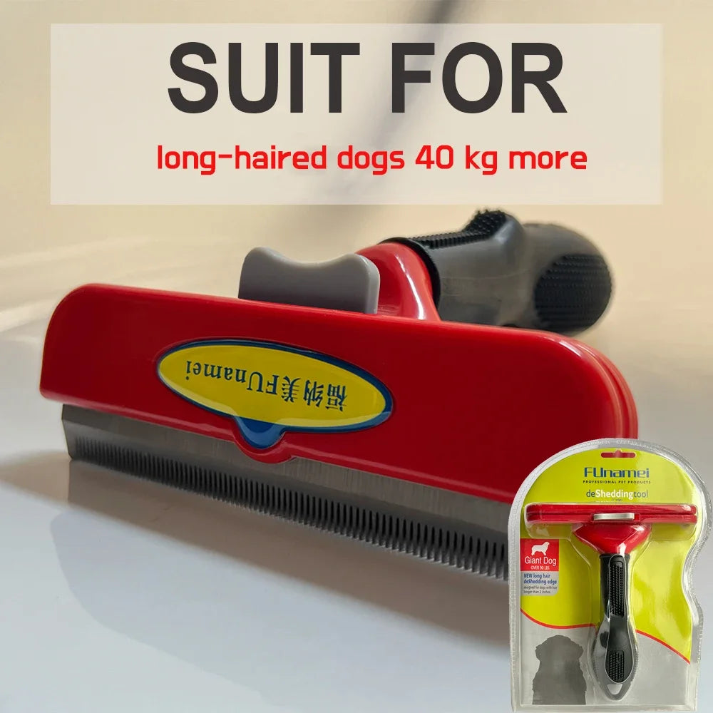 Red and black deshedding tool for long-haired dogs, with a metal blade and ergonomic grip, shown in blister packaging.