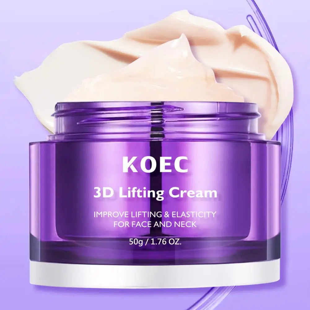 Purple jar of 3D lifting face and neck cream with a swirl of beige cream on top, 50g size, set on a purple background.