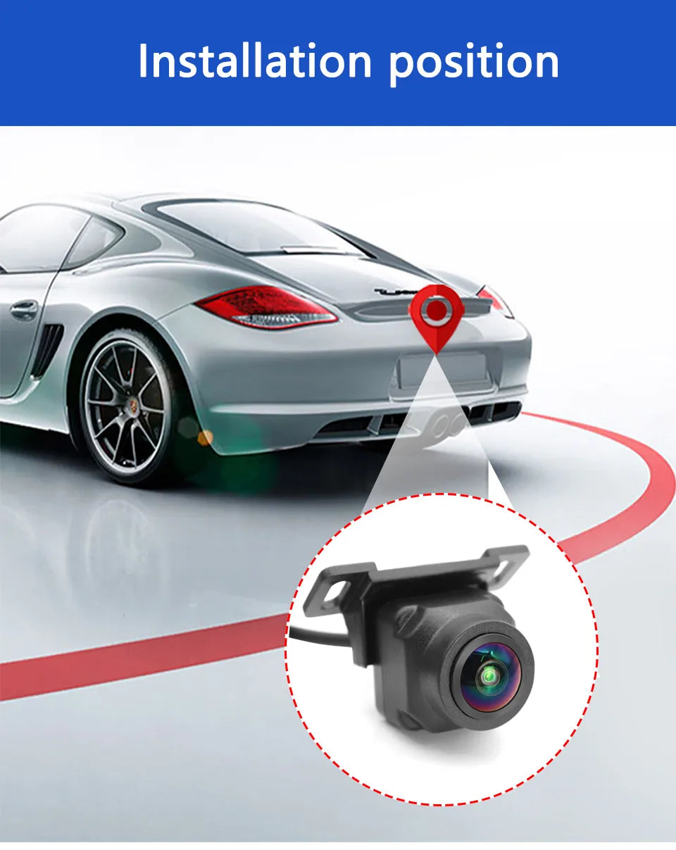 Silver sports car showing the rear mounting point for a compact, black fisheye reversing camera.