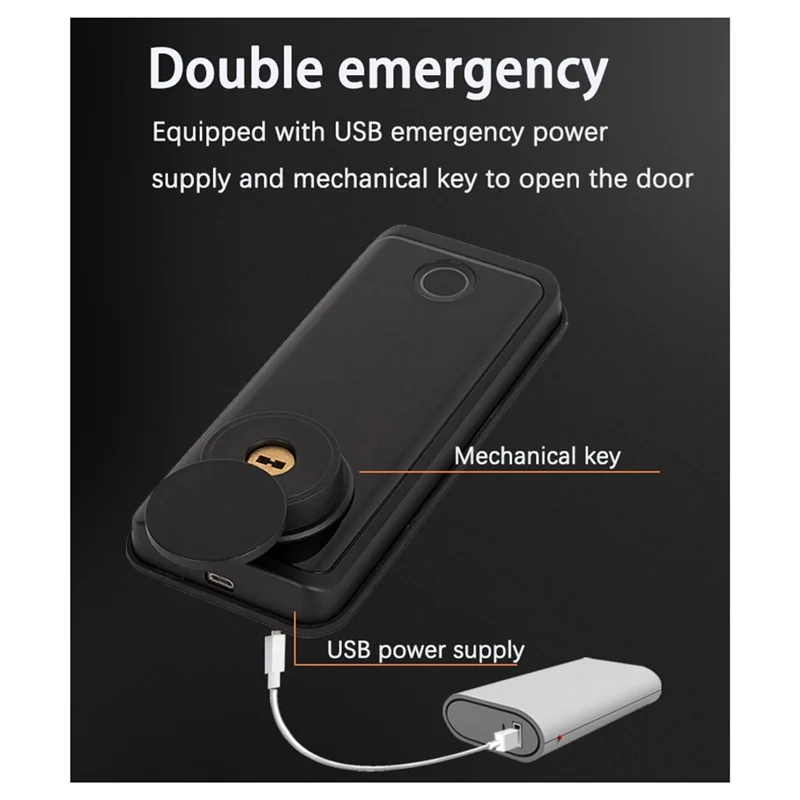 Black metal electronic smart door lock with a mechanical keyhole and USB-C port for emergency power backup.