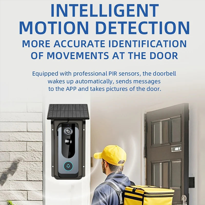 A modern black wireless smart video doorbell with a built-in solar rain shield, mounted beside a house door.