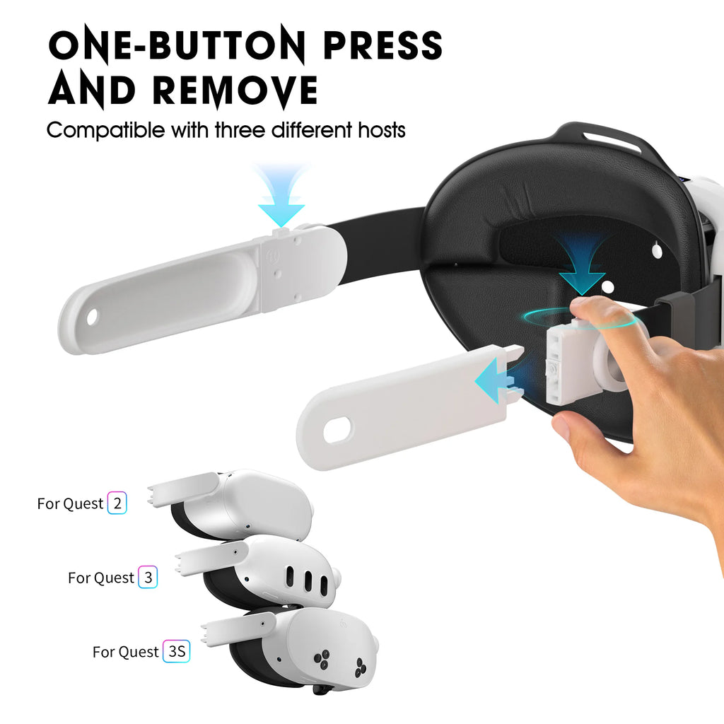 White adjustable VR head strap with a quick-release button for easy swapping between different headset models.