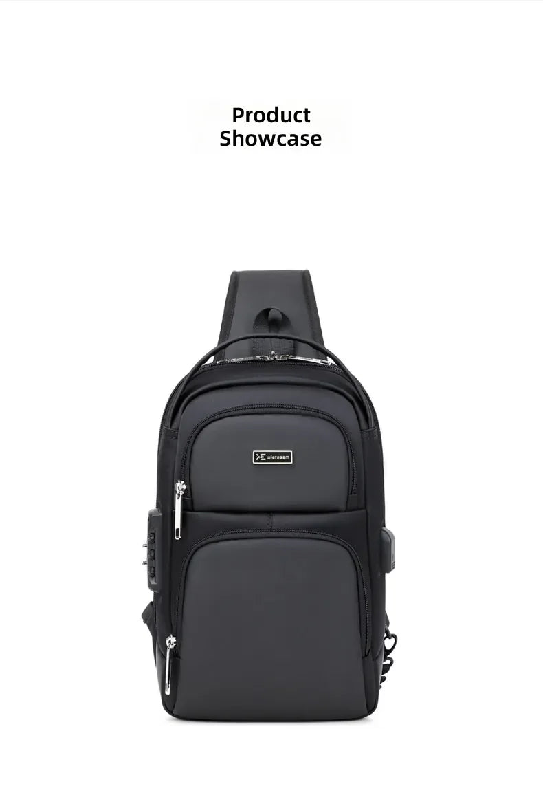 Black waterproof travel sling bag with multiple zip compartments, integrated password lock, and side USB port.