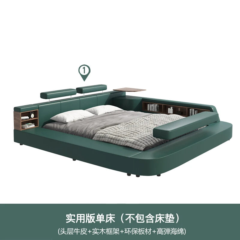 Modern dark green upholstered bed frame with integrated side shelving, storage and wooden bedside surfaces.