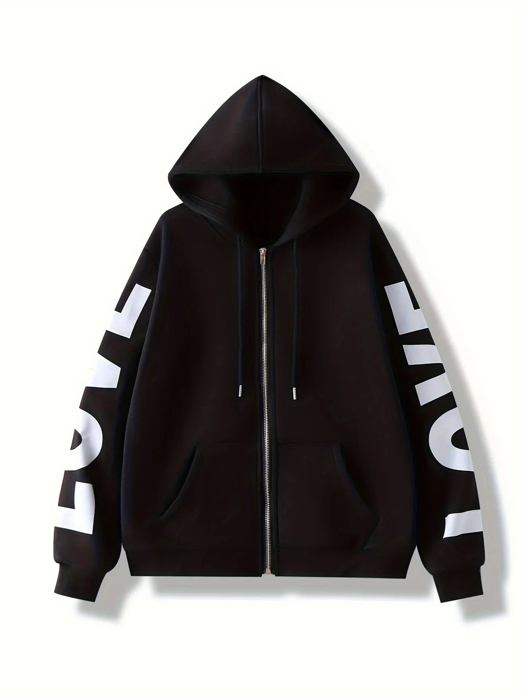 Black zip-up hoodie featuring a hood, drawstring, front pockets, and large white 'LOVE' text on the sleeves.