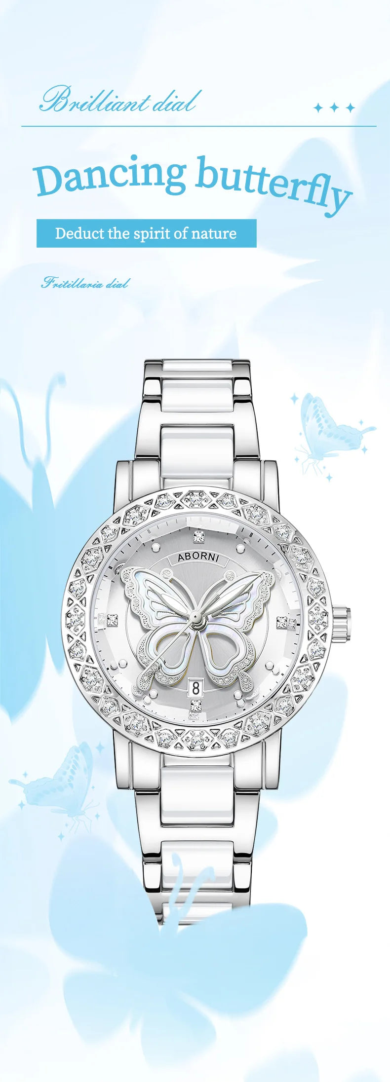 Luxury silver women's watch with a butterfly-motif dial, crystal-studded bezel and a polished link strap.