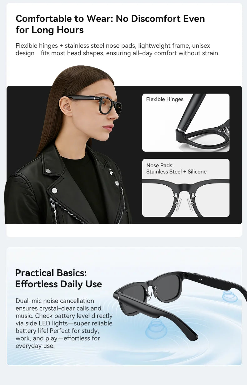 A model wearing sleek black smart glasses featuring flexible hinges, metal nose pads, and built-in microphones.