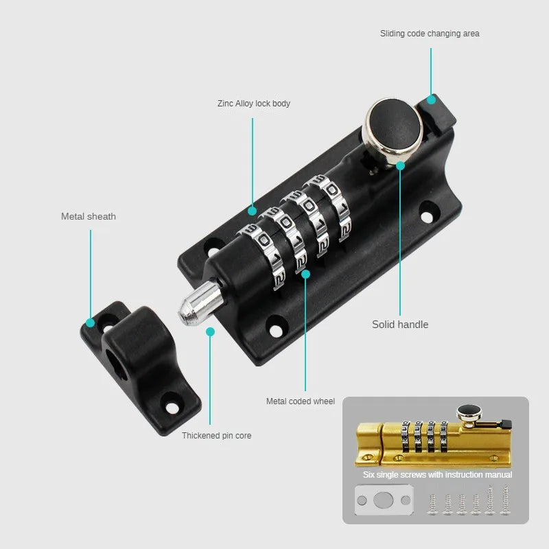 Black zinc alloy sliding bolt lock with a 4-digit combination dial, metal handle, and pin core.