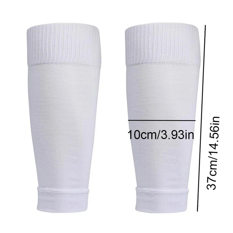 Pair of plain white, athletic compression calf sleeves with dimensions marked: 10cm wide by 37cm long.