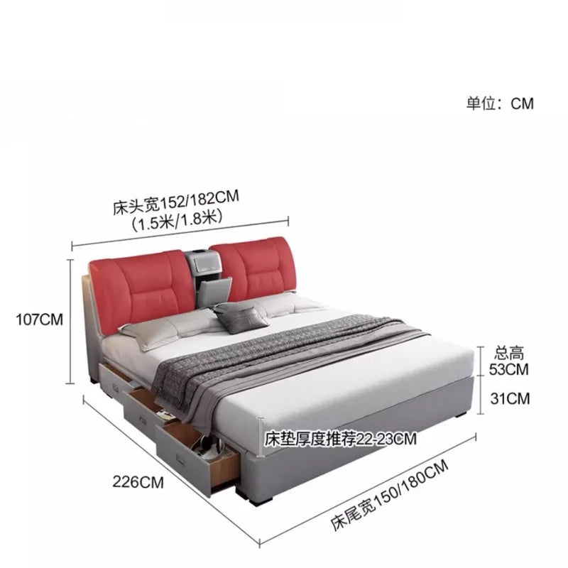 King-size upholstered bed frame in grey, featuring a red padded headboard with integrated storage and side drawers.