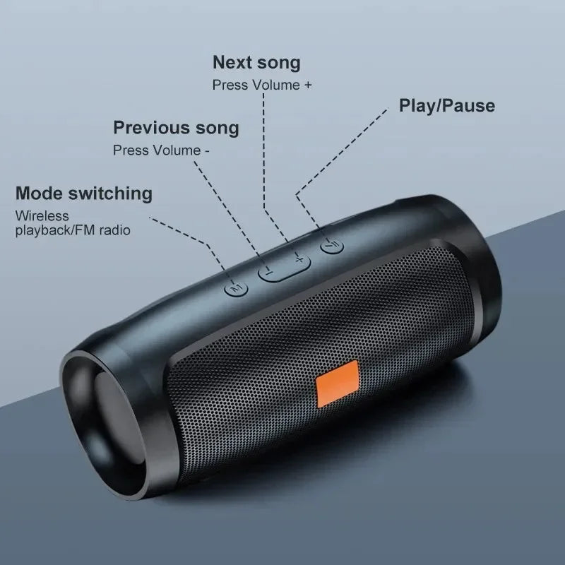 A black, cylindrical portable Bluetooth speaker with top-mounted playback and mode control buttons.