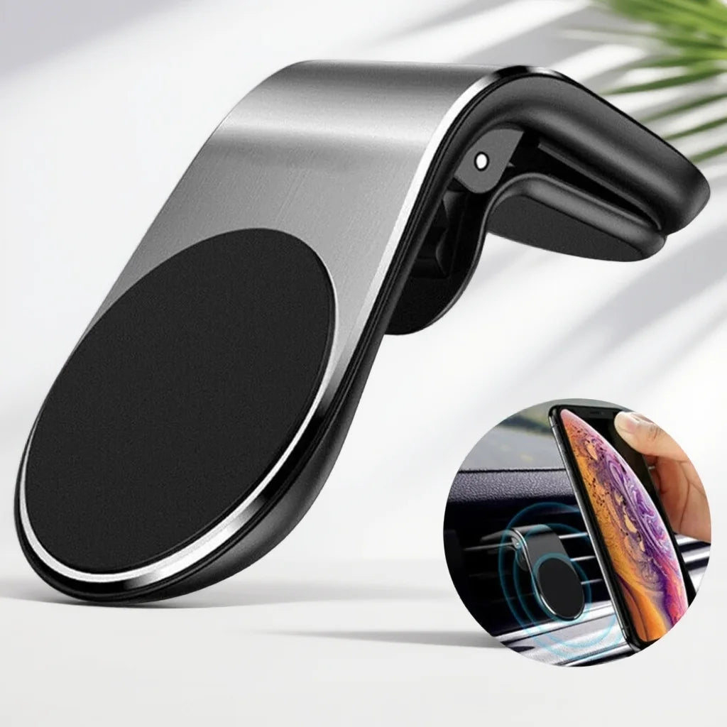 Magnetic car phone mount with a sleek brushed silver metal finish, black circular grip, and air vent clip design.