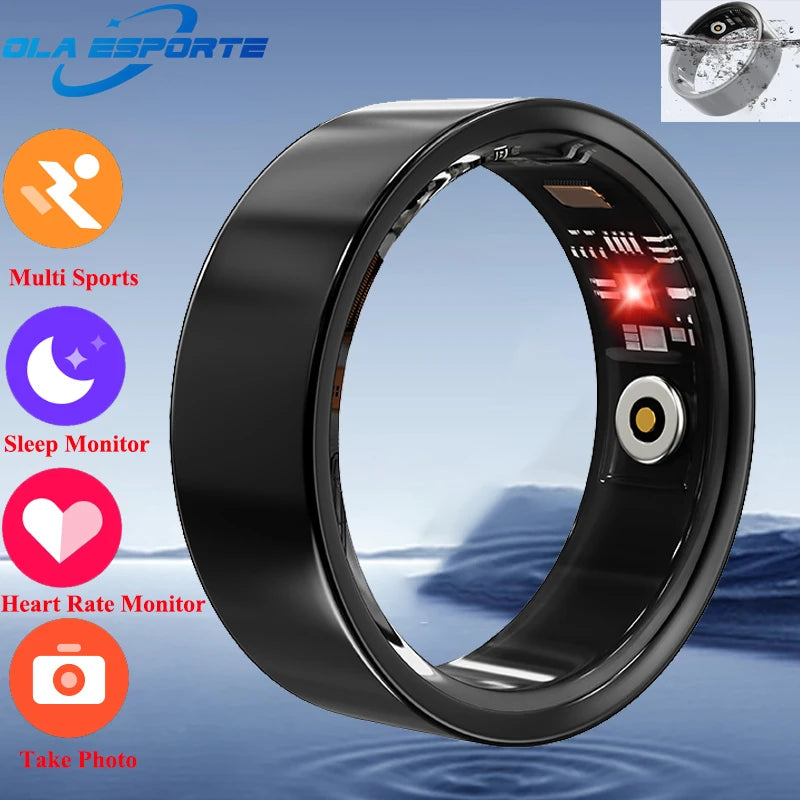 Sleek black waterproof smart health ring featuring an internal heart rate monitor and sleep tracking sensors.