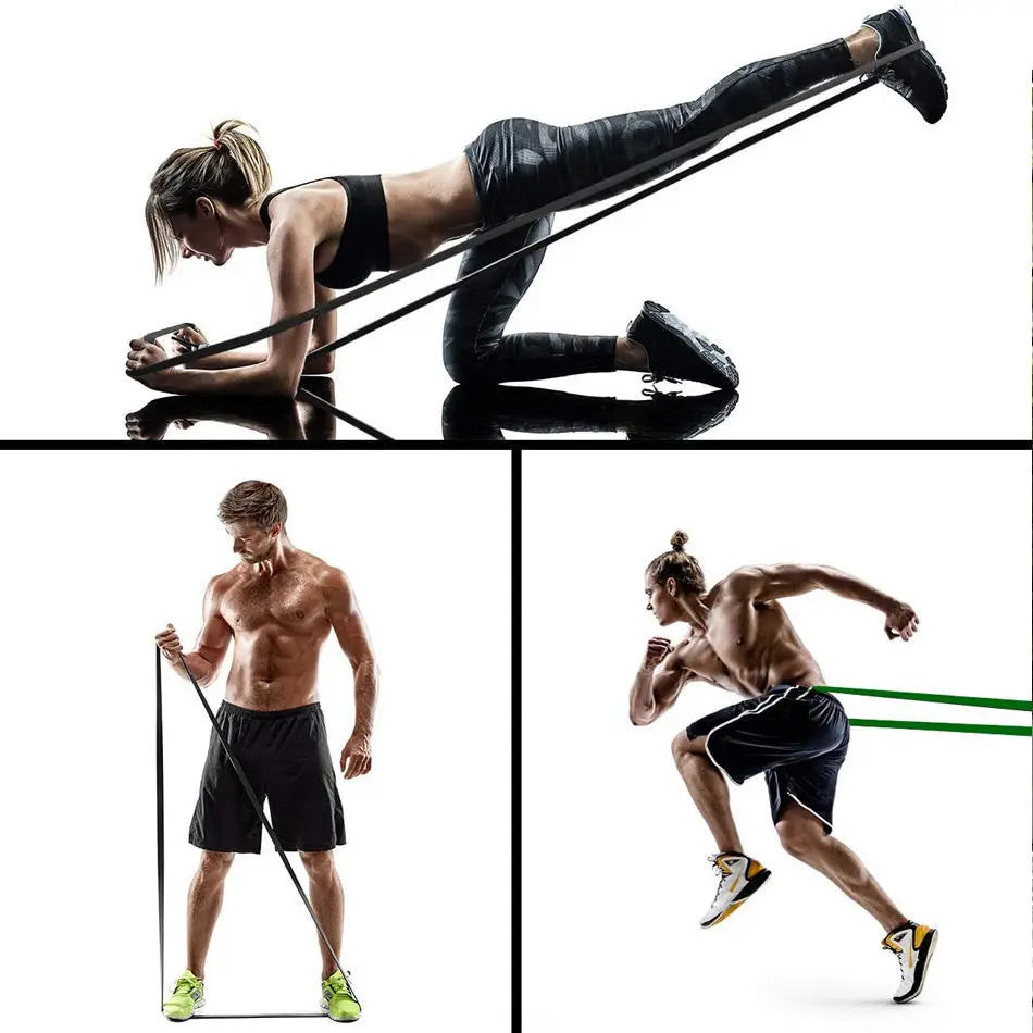 People using durable black and green loop resistance bands for strength training, leg lifts, and sprinting exercises.