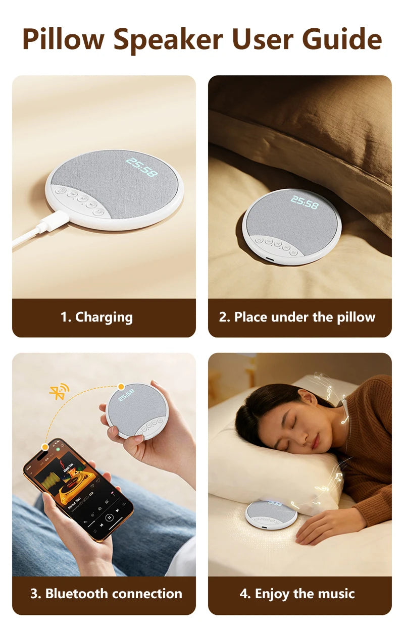 User guide for a round, grey fabric Bluetooth pillow speaker with digital clock and playback controls.