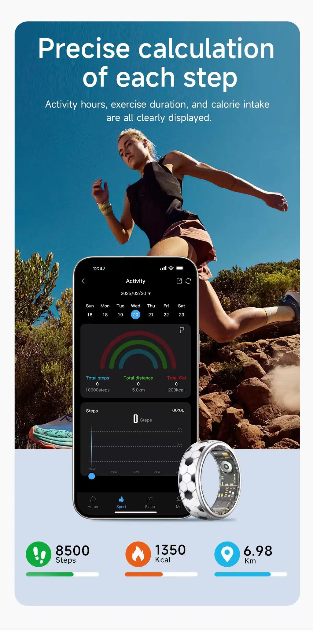 A smart fitness ring with a white-and-black football pattern next to a phone displaying activity tracking data.