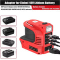 Red 180W power inverter for 18V batteries, featuring a torch, USB, USB-C, DC, and AC ports for versatile charging.