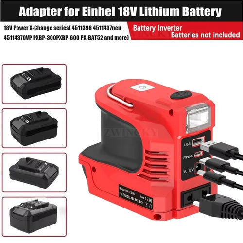 Red 180W power inverter for 18V batteries, featuring a torch, USB, USB-C, DC, and AC ports for versatile charging.