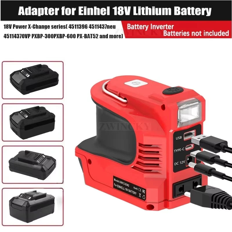 Red 180W power inverter for 18V batteries with USB, USB-C, DC 12V ports, and an integrated LED torch.
