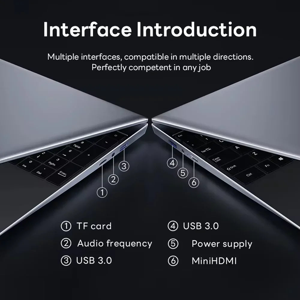 Sleek grey 15.6-inch laptop showing various ports, including USB 3.0, HDMI, and audio jack, on its side panels.