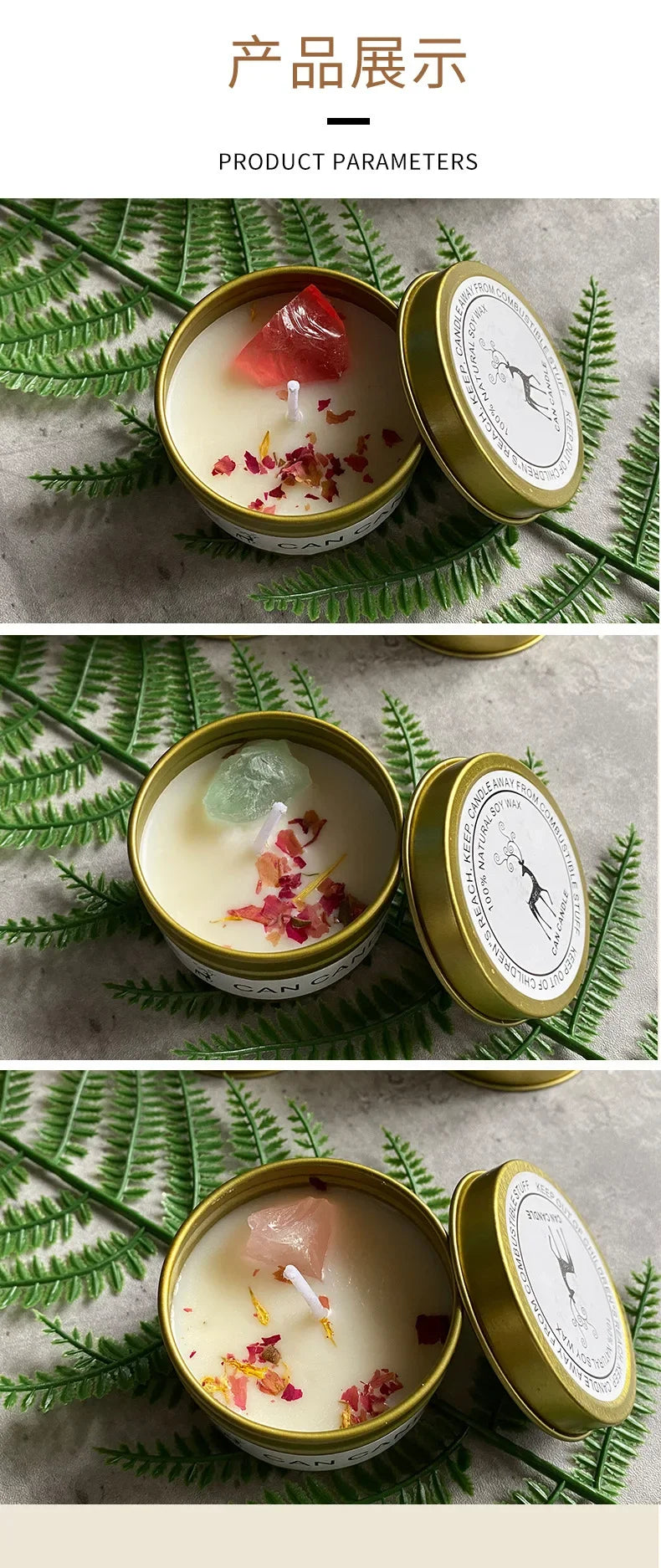 Three soy wax candles in gold tins, topped with dried flower petals and individual raw healing crystals.