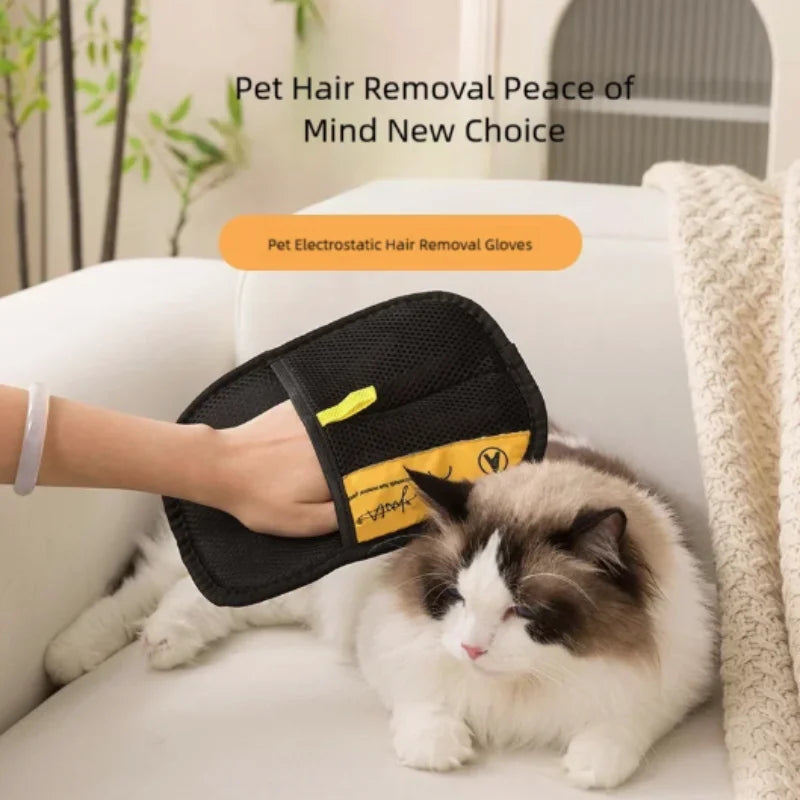 Black electrostatic pet hair removal glove with yellow accents being used to groom a fluffy cat on a sofa.