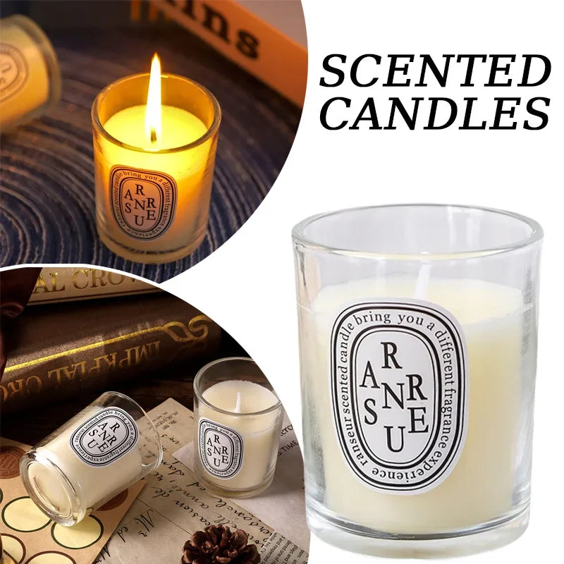 Off-white scented candle in a clear glass votive with a decorative oval label, shown lit and unlit.