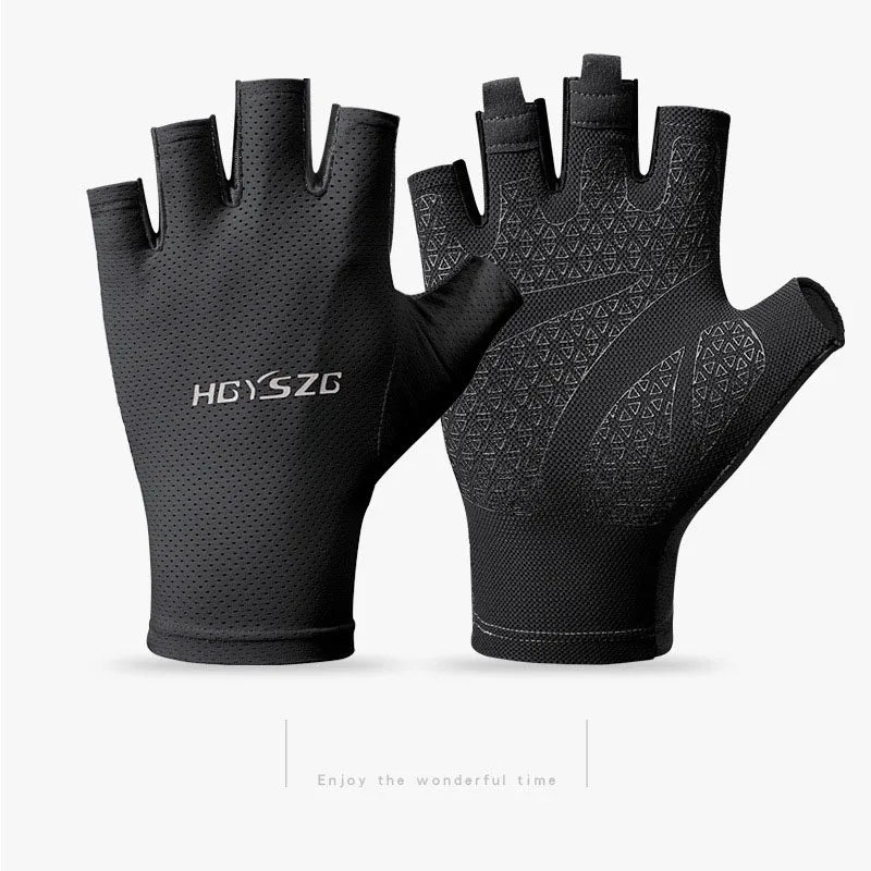 Pair of black fingerless cycling gloves with a perforated fabric back and a textured, triangular-grip palm.
