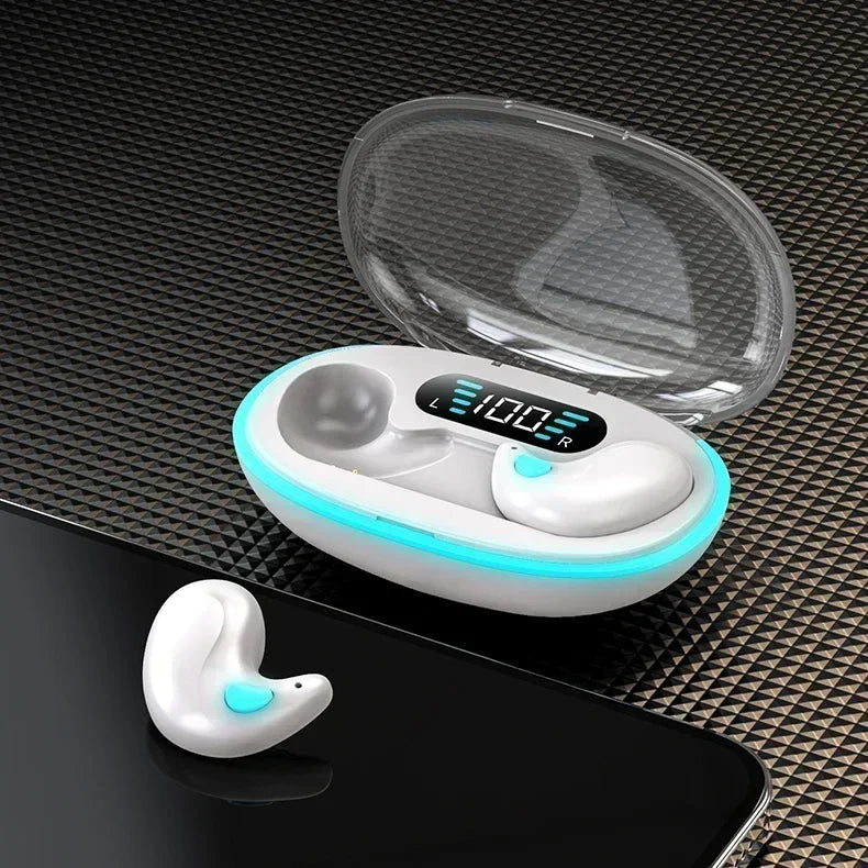 White wireless earbuds in a charging case with a digital battery display and glowing blue light accents.
