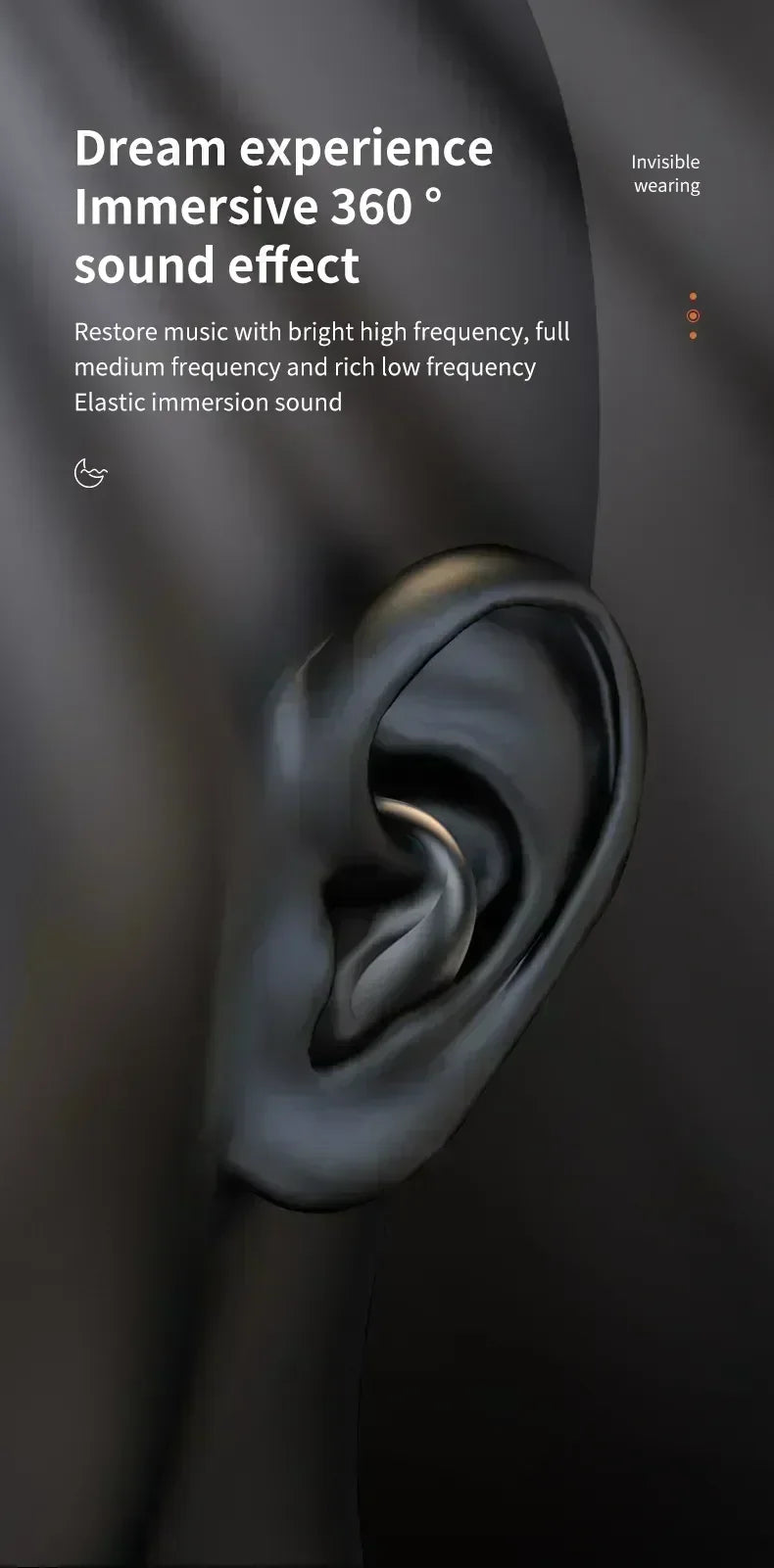Small, gold-toned, invisible-style wireless earbud worn discreetly inside the ear against a dark background.