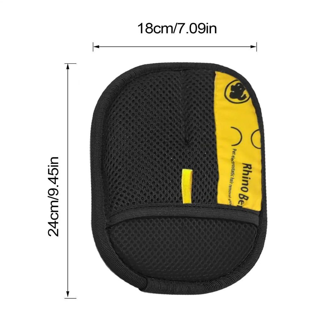 Black and yellow pet hair removal glove with dimension markers showing 18cm width and 24cm height.