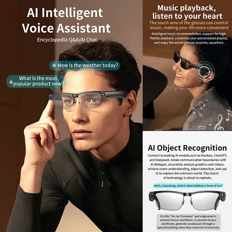 A man wearing black, sleek smart glasses featuring a built-in camera, voice assistant, and audio playback capabilities.