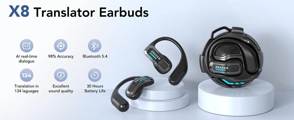 Black, ear-hook style translator earbuds with a round charging case, featuring blue LED accents on a white background.