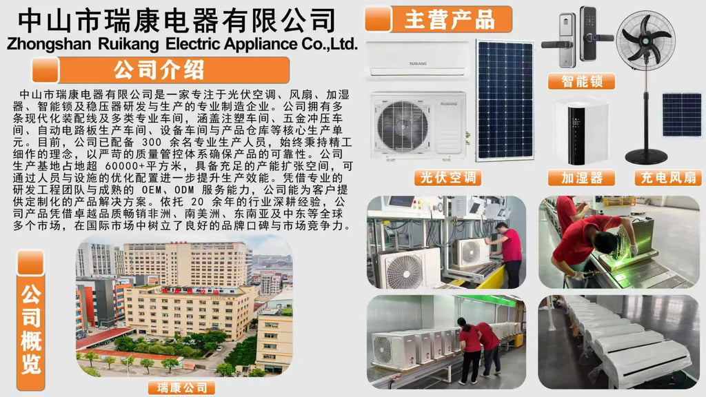 Company profile showing white air conditioners, solar panels, smart locks, black fans, and humidifiers in production.